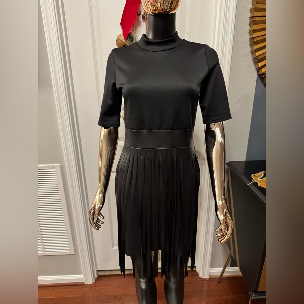 Black Fringe Mini Party Dress Mock Neck